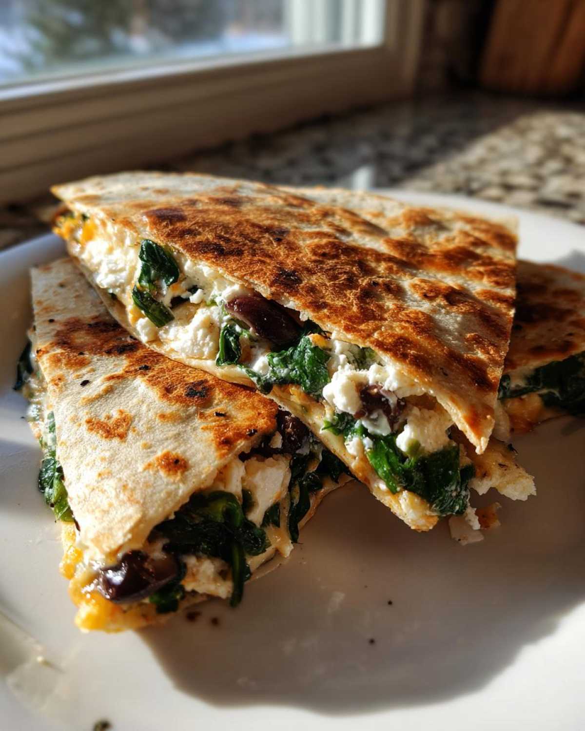 Close-up of golden brown Mediterranean Quesadillas cut into wedges, showing a filling of spinach, feta cheese, and olives.