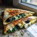 Two halves of a golden-brown Mediterranean Quesadillas filled with spinach, feta cheese, and black olives.