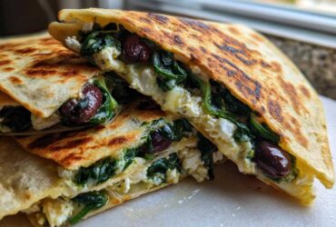 Two halves of a golden-brown Mediterranean Quesadillas, filled with wilted spinach, feta cheese, and Kalamata olives.
