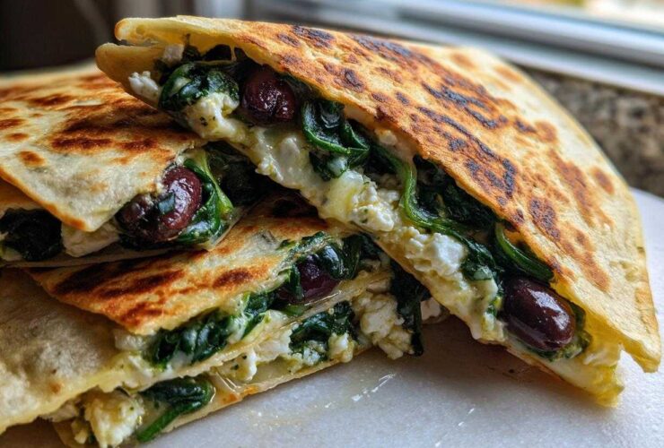 Two halves of a golden-brown Mediterranean Quesadillas, filled with wilted spinach, feta cheese, and Kalamata olives.