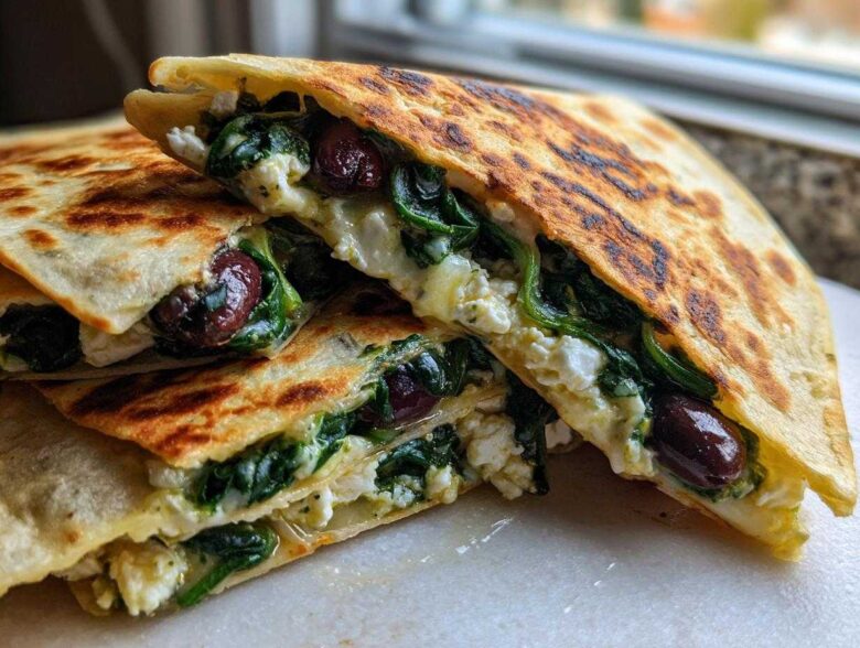 Two halves of a golden-brown Mediterranean Quesadillas, filled with wilted spinach, feta cheese, and Kalamata olives.