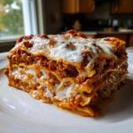 A generous slice of rich, layered Million Dollar Italian Lasagna topped with melted mozzarella cheese.