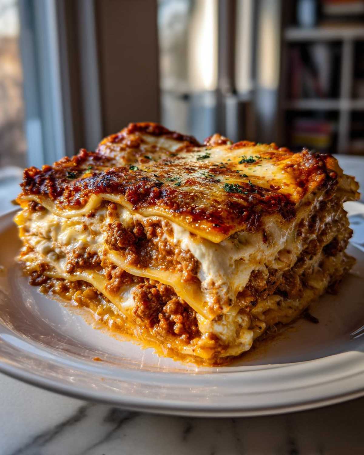 A thick, perfectly layered slice of Million Dollar Italian Lasagna featuring rich meat sauce and creamy cheese.