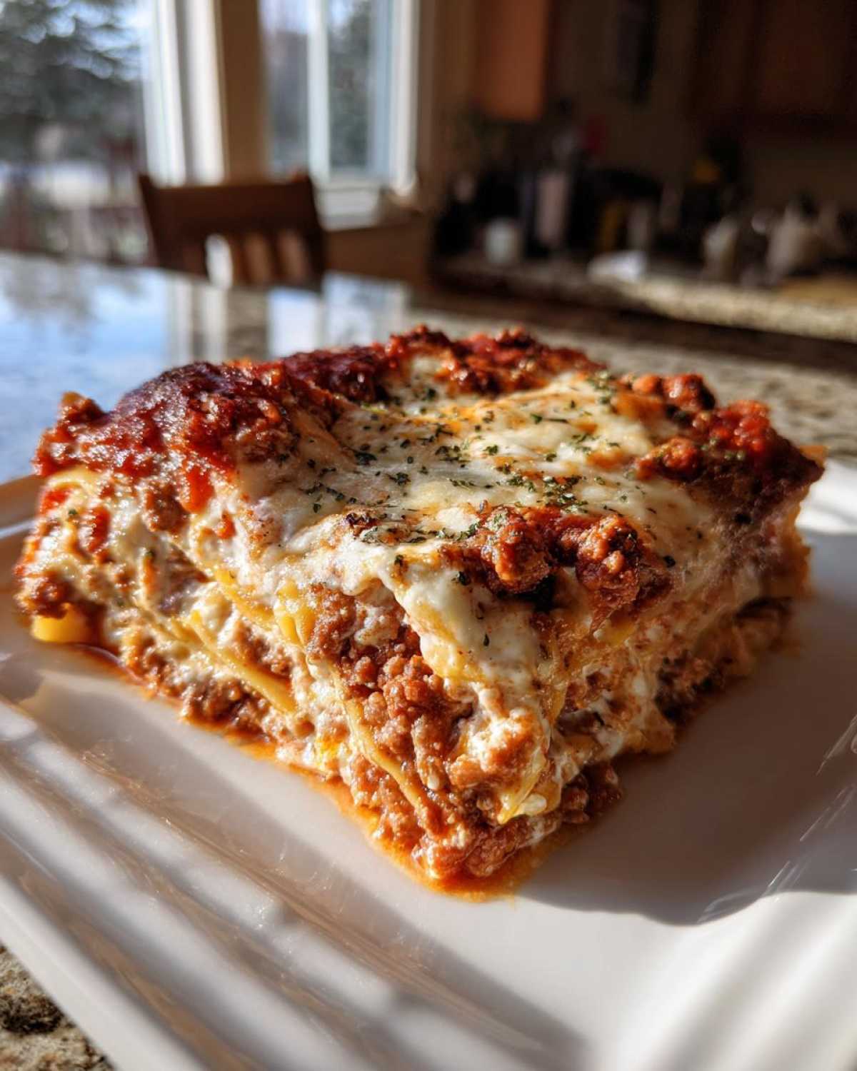 A thick, layered slice of Million Dollar Italian Lasagna featuring rich meat sauce and melted cheese topping.