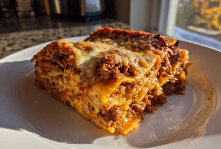 A generous slice of Million Dollar Italian Lasagna showing rich meat sauce and melted cheese layers, served on a white plate.