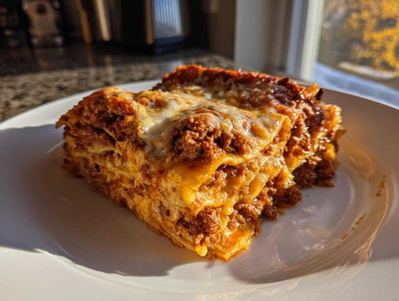 A generous slice of Million Dollar Italian Lasagna showing rich meat sauce and melted cheese layers, served on a white plate.