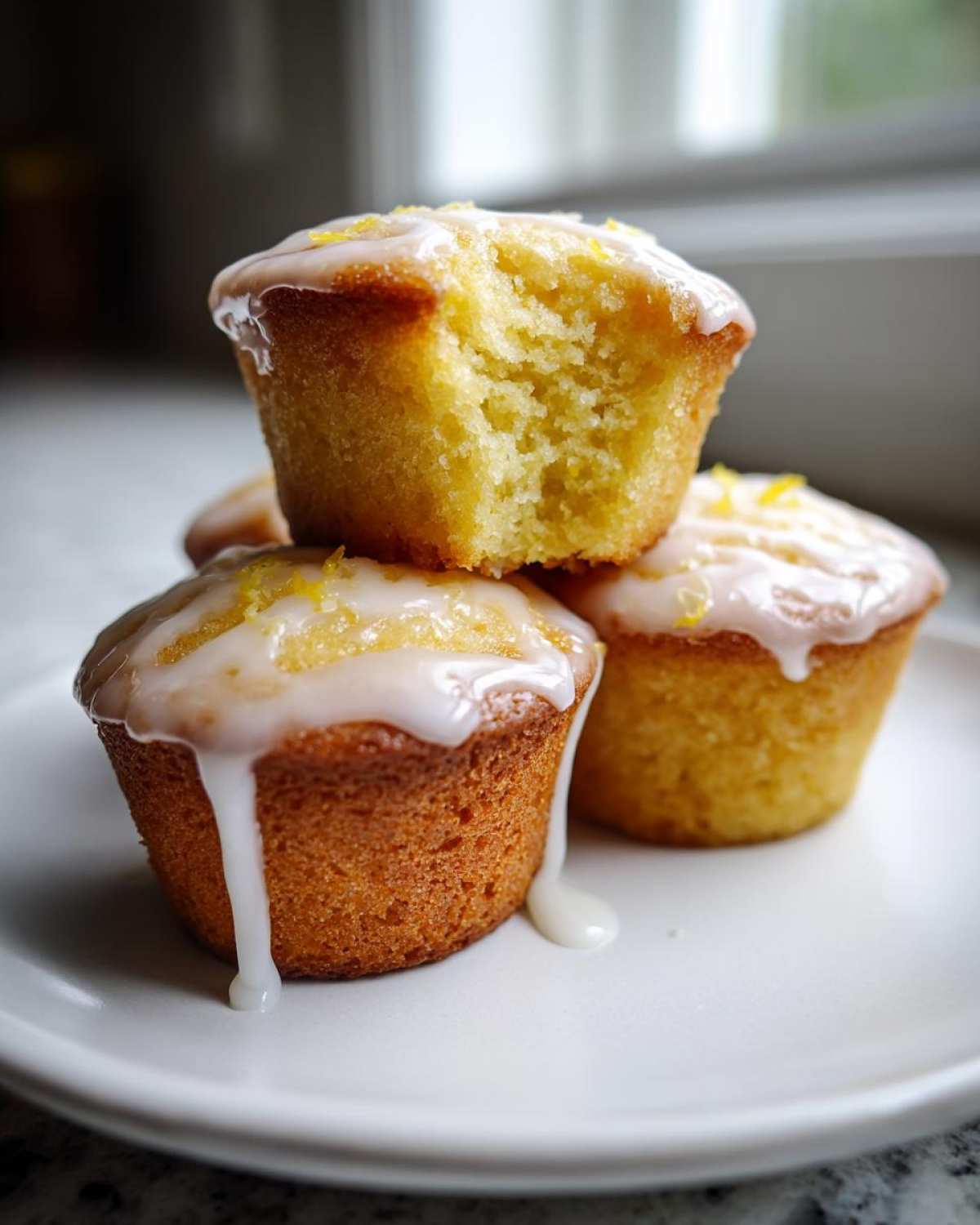 A stack of three glazed mini lemon cakes, one with a bite taken out, showing the moist interior.