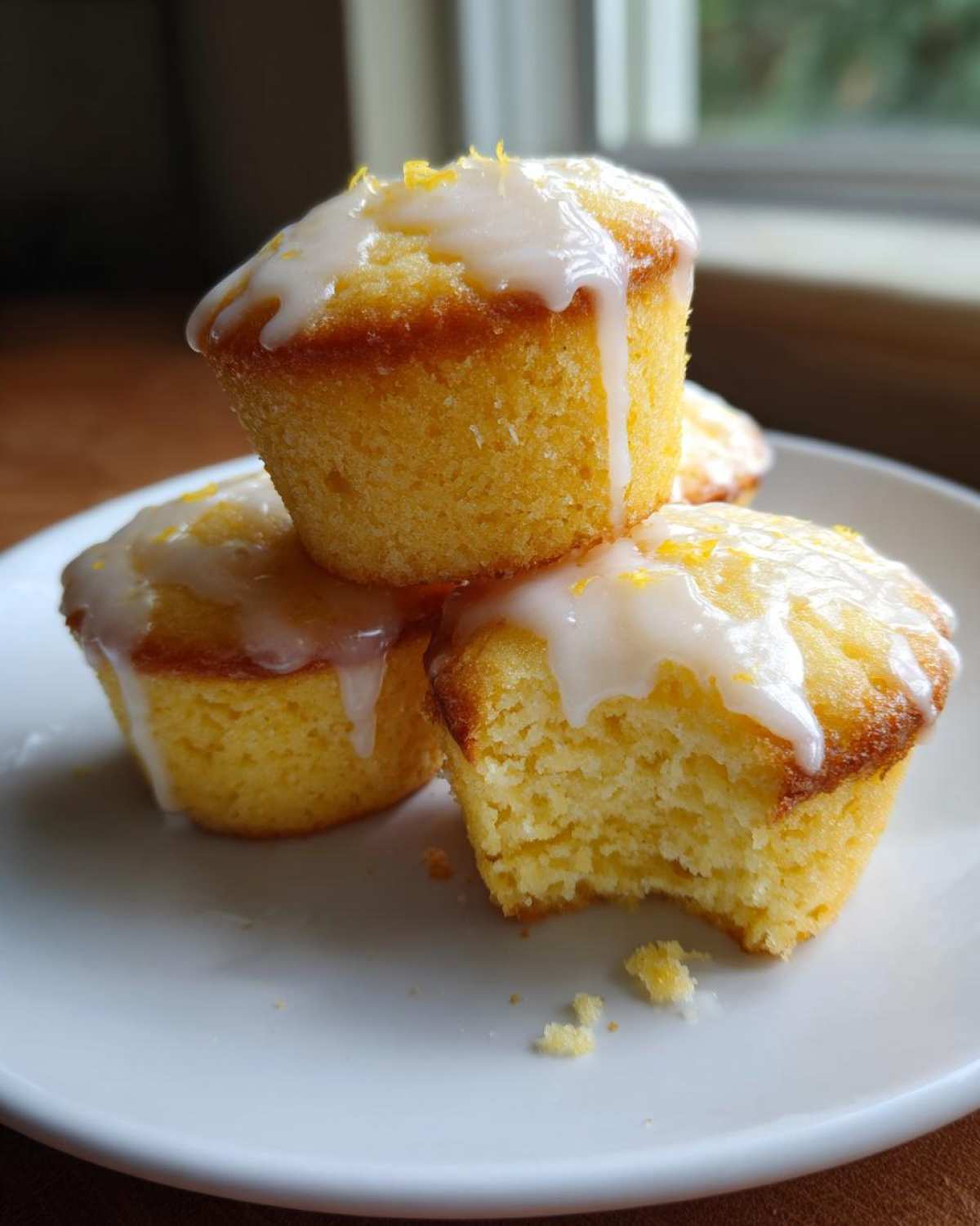 Close-up of three glazed Mini Lemon Cakes Recipe stacked, one with a bite taken out, showing the moist yellow interior.