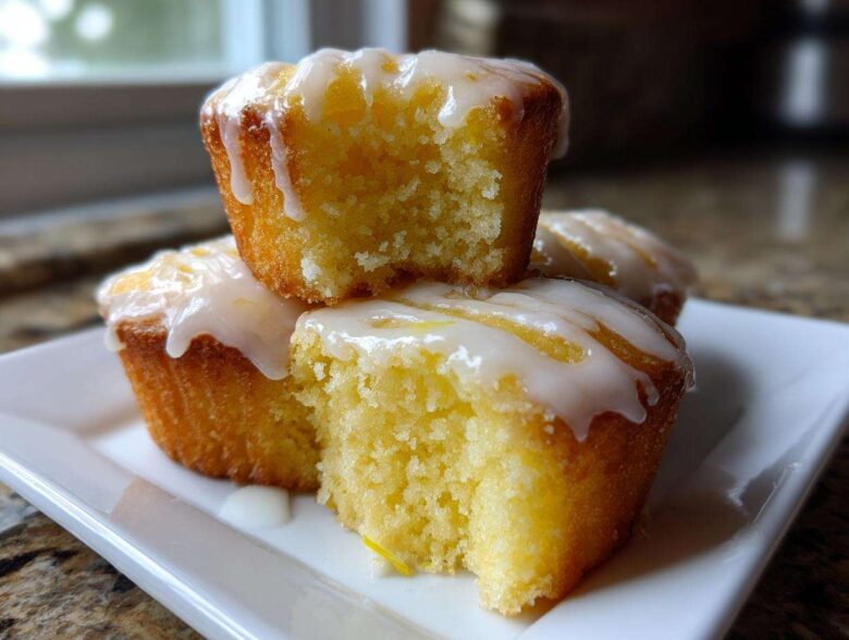 Close-up of three moist, yellow Mini Lemon Cakes Recipe topped with a thick, white lemon glaze, one cake is broken open.