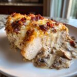 A cross-section of Mississippi Mud Chicken topped with melted cheese and bacon bits, served over creamy mushroom sauce.