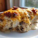 Close-up of a serving of Mississippi Mud Chicken topped with melted cheddar cheese and bacon bits, sitting in a creamy sauce.
