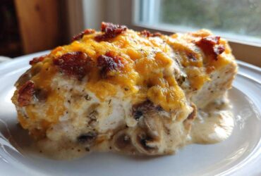 Close-up of a serving of Mississippi Mud Chicken topped with melted cheddar cheese and bacon bits, sitting in a creamy sauce.
