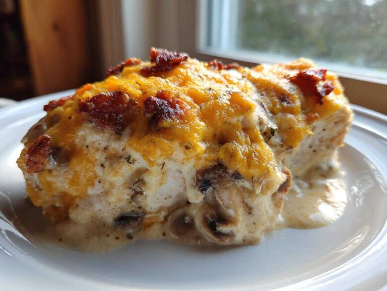 Close-up of a serving of Mississippi Mud Chicken topped with melted cheddar cheese and bacon bits, sitting in a creamy sauce.