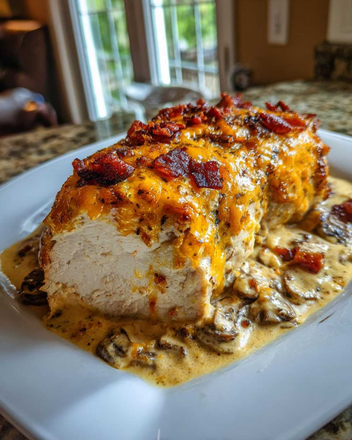 A cross-section view of juicy Mississippi Mud Chicken topped with melted cheese and crispy bacon, served over a creamy mushroom sauce.