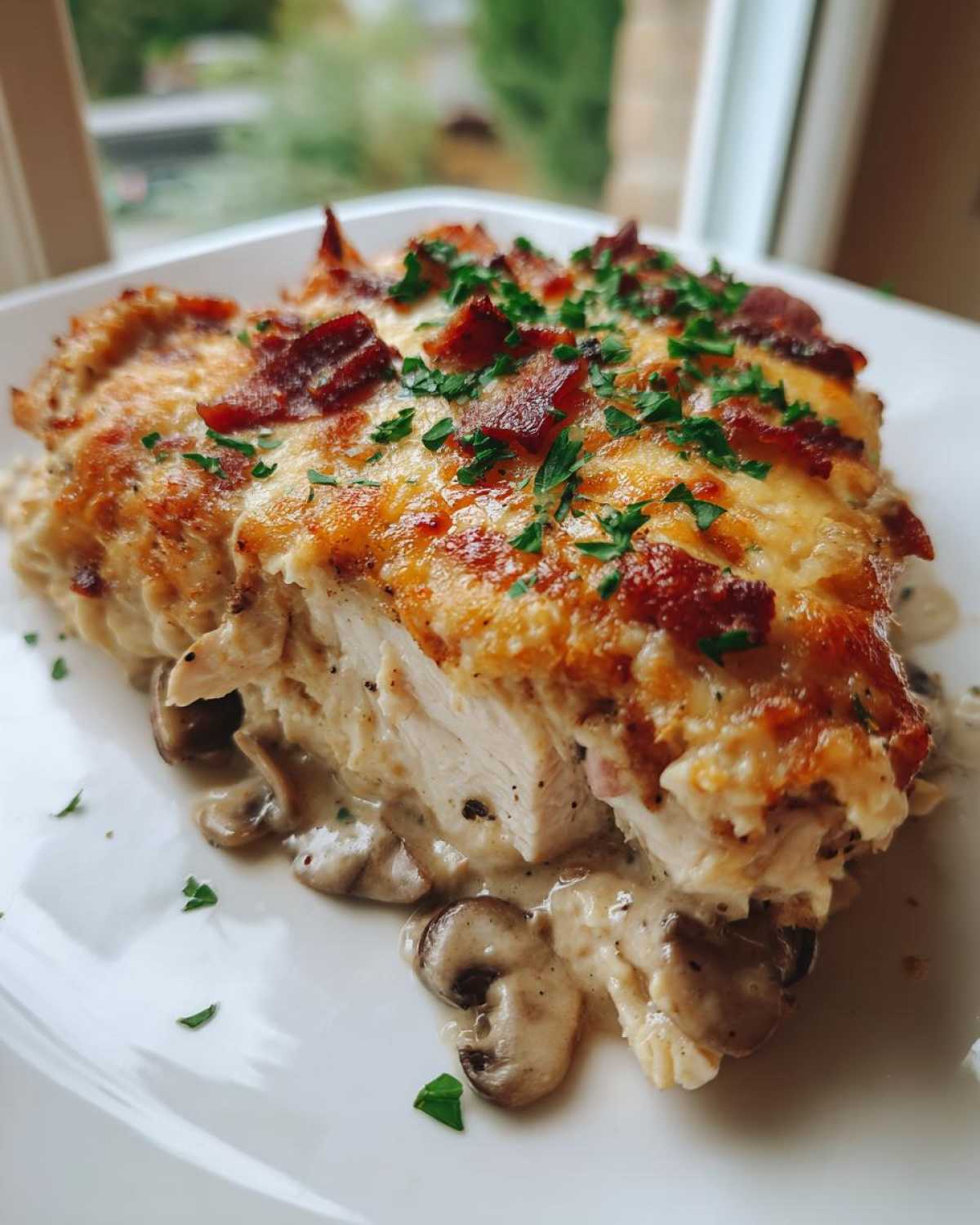 A cross-section view of Mississippi Mud Chicken topped with melted cheese, bacon bits, and parsley, served over creamy mushroom sauce.