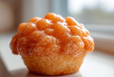 Close-up of a golden muffin generously topped with a thick, shiny Fluffy Orange Muffin Glaze.