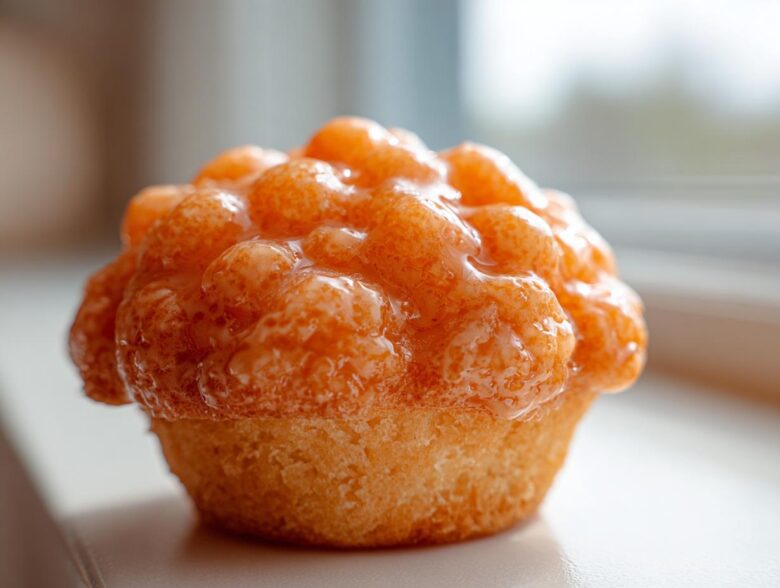 Close-up of a golden muffin generously topped with a thick, shiny Fluffy Orange Muffin Glaze.