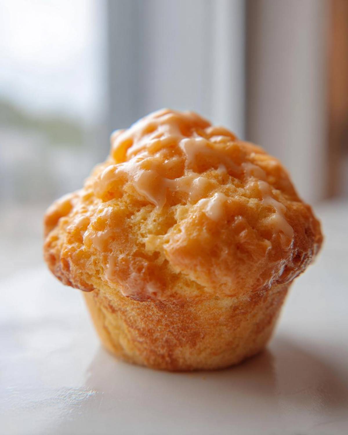 A close-up of a golden-brown muffin topped with a thick, drippy Fluffy Orange Muffin Glaze.