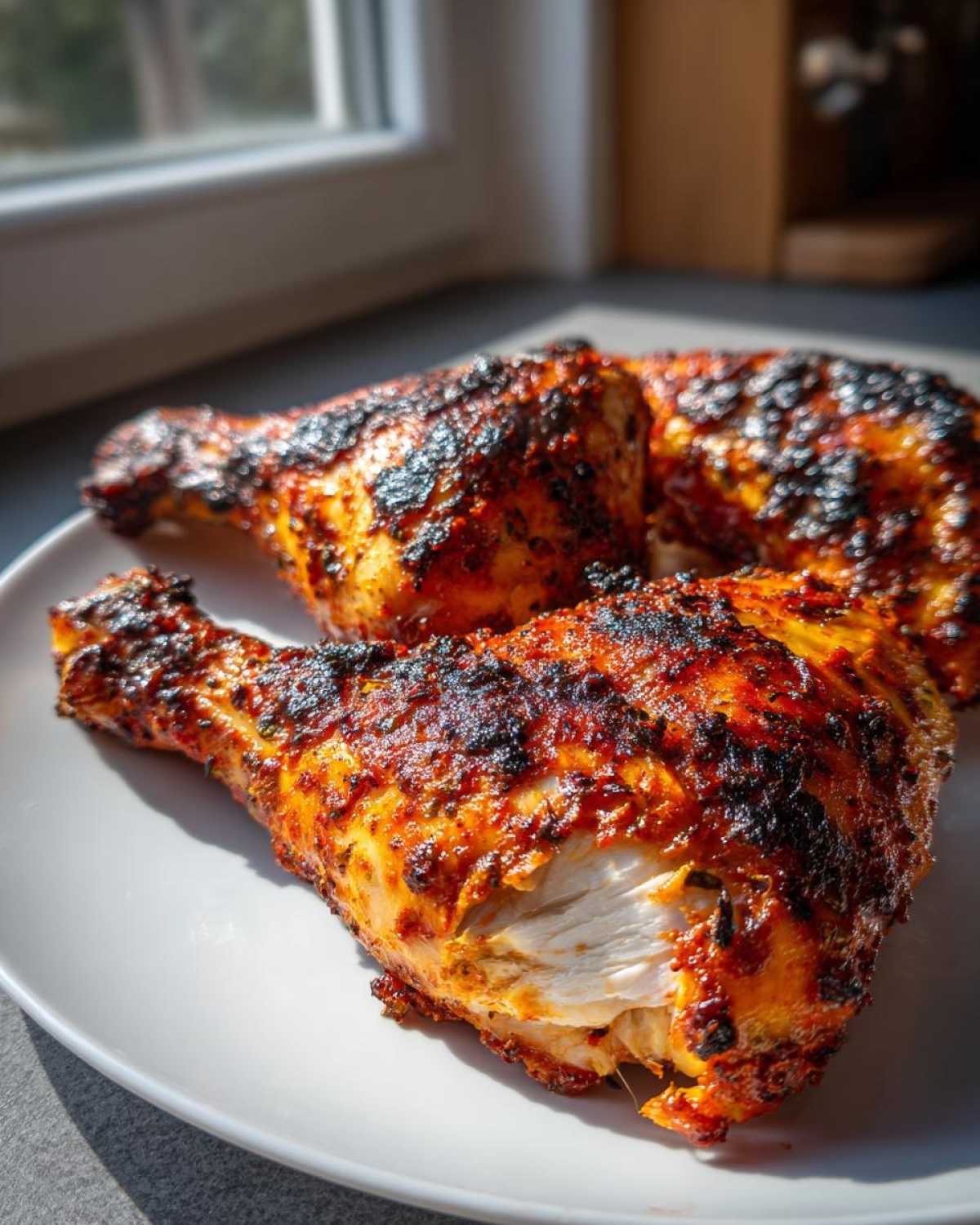 Close-up of three juicy Nando's Peri Peri Chicken Copycat drumsticks with charred, spicy skin on a white plate.