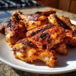 Close-up of grilled Nando's Peri Peri Chicken Copycat pieces, featuring charred skin and vibrant orange-red seasoning, served on a white plate.