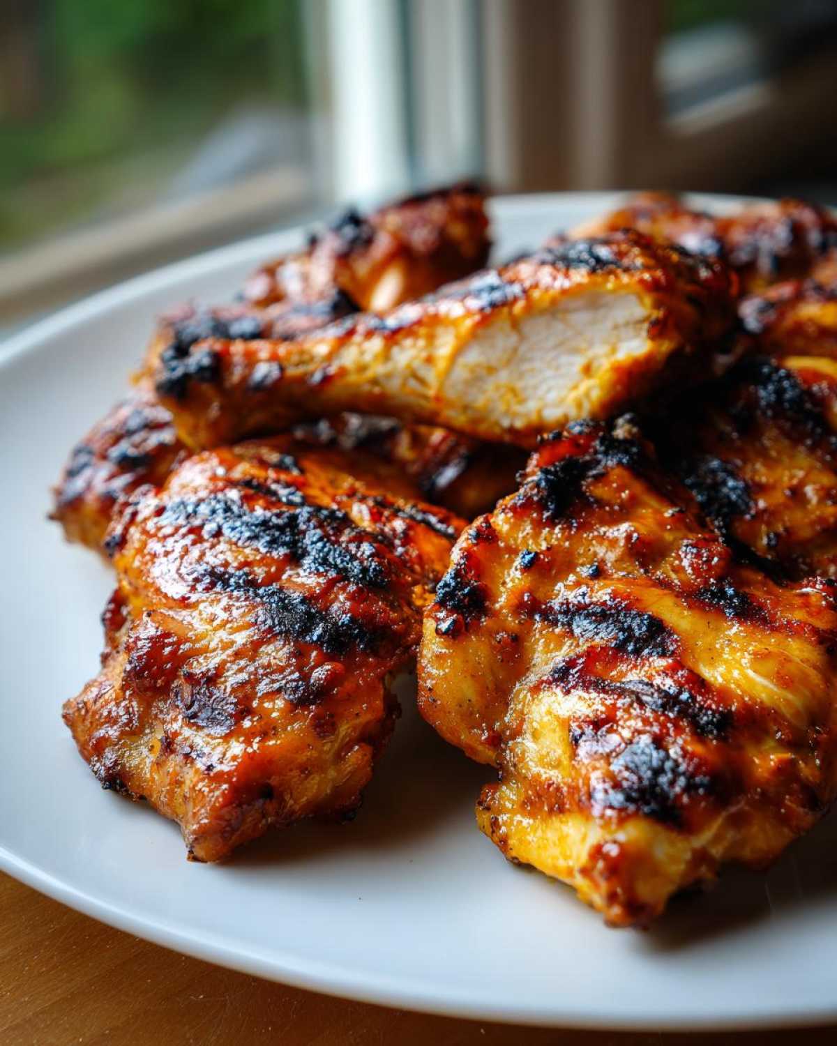 A pile of juicy, grilled Nando's Peri Peri Chicken Copycat pieces with visible char marks on a white plate.