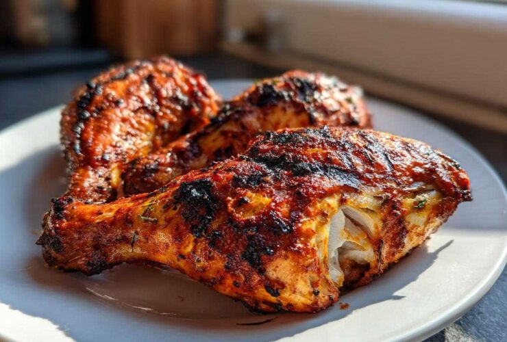 Close-up of three juicy, charred Nando's Peri Peri Chicken Copycat drumsticks on a white plate.