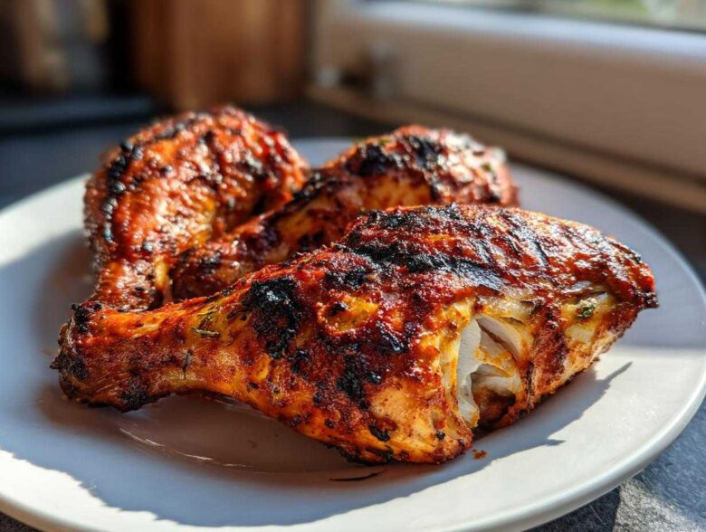 Close-up of three juicy, charred Nando's Peri Peri Chicken Copycat drumsticks on a white plate.