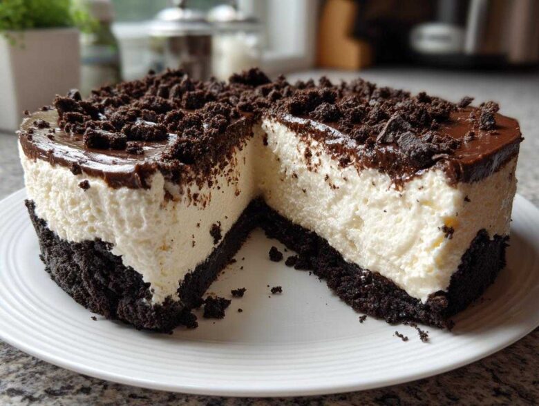 A slice removed from a rich Nobake Cheesecake Silky Sets Perfectly, showing a thick white filling, dark chocolate crust, and crumb topping.
