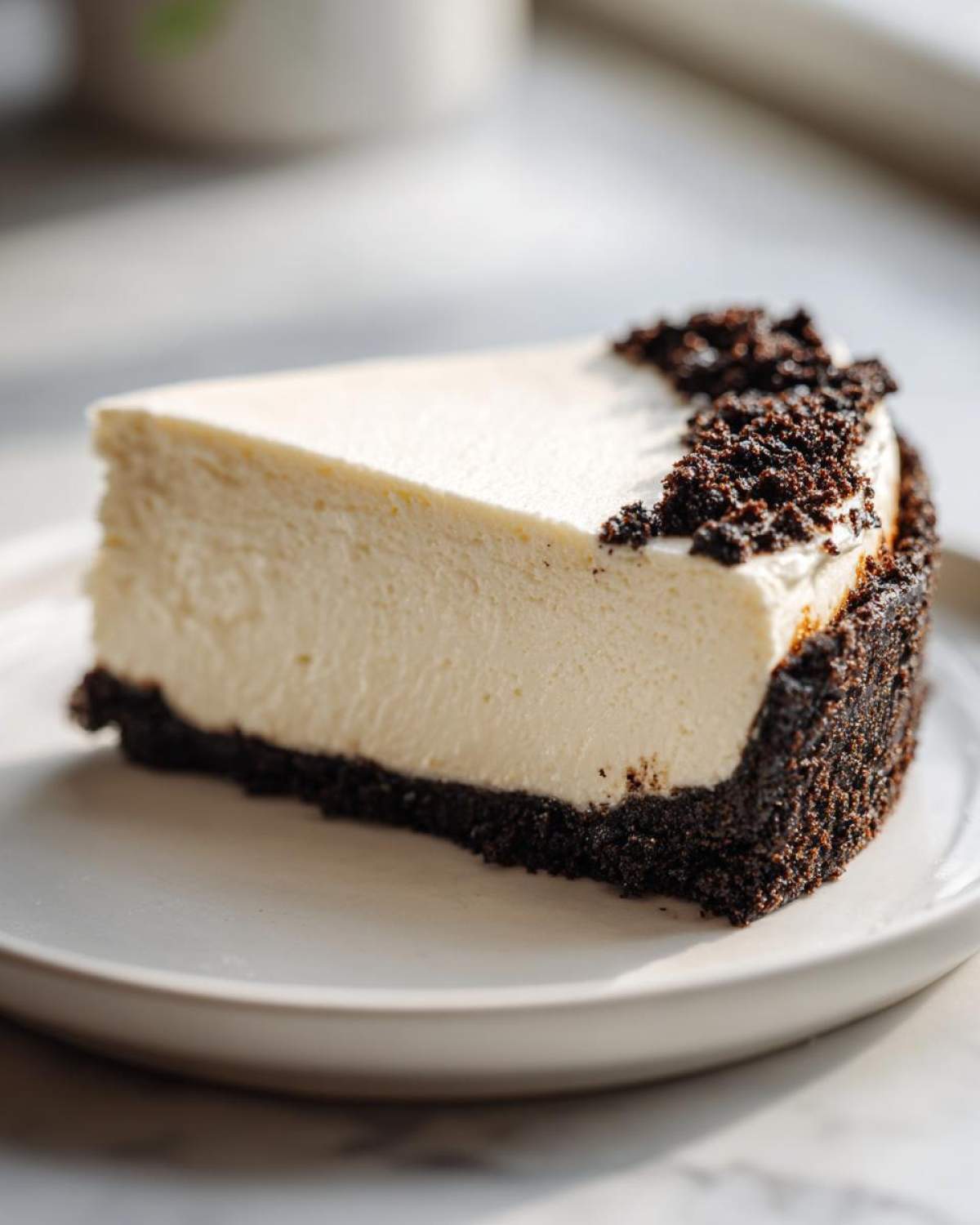 A perfect slice of Nobake Cheesecake Silky Sets Perfectly with a dark cookie crust and crumb topping.