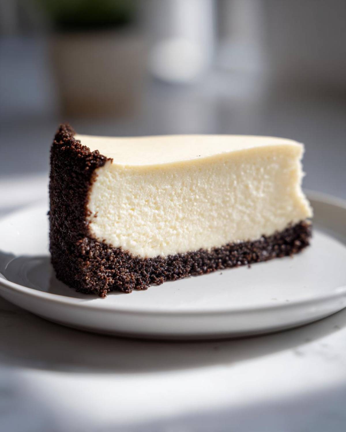 A perfect slice of Nobake Cheesecake Silky Sets Perfectly on a white plate, showing a thick, creamy filling and dark crust.