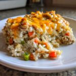 A close-up serving of One Pan Ground Turkey Casserole featuring rice, ground meat, vegetables, and melted cheddar cheese.