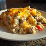 A close-up serving of One Pan Ground Turkey Casserole topped with melted cheddar cheese on a white plate.