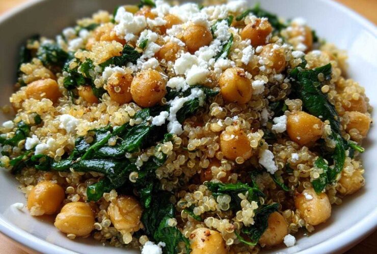 A close-up of the finished One Pot Chickpea Quinoa Recipe, topped with feta cheese and wilted spinach.