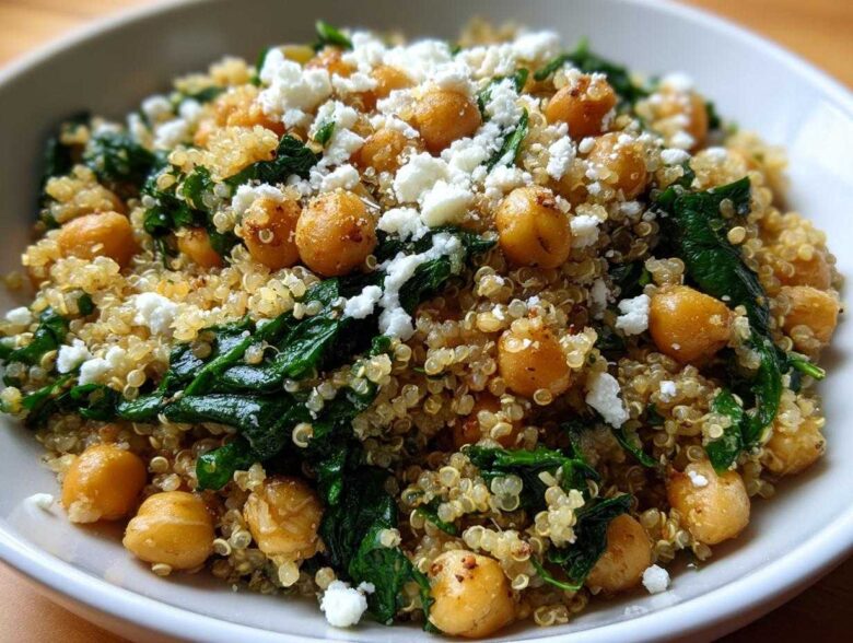 A close-up of the finished One Pot Chickpea Quinoa Recipe, topped with feta cheese and wilted spinach.