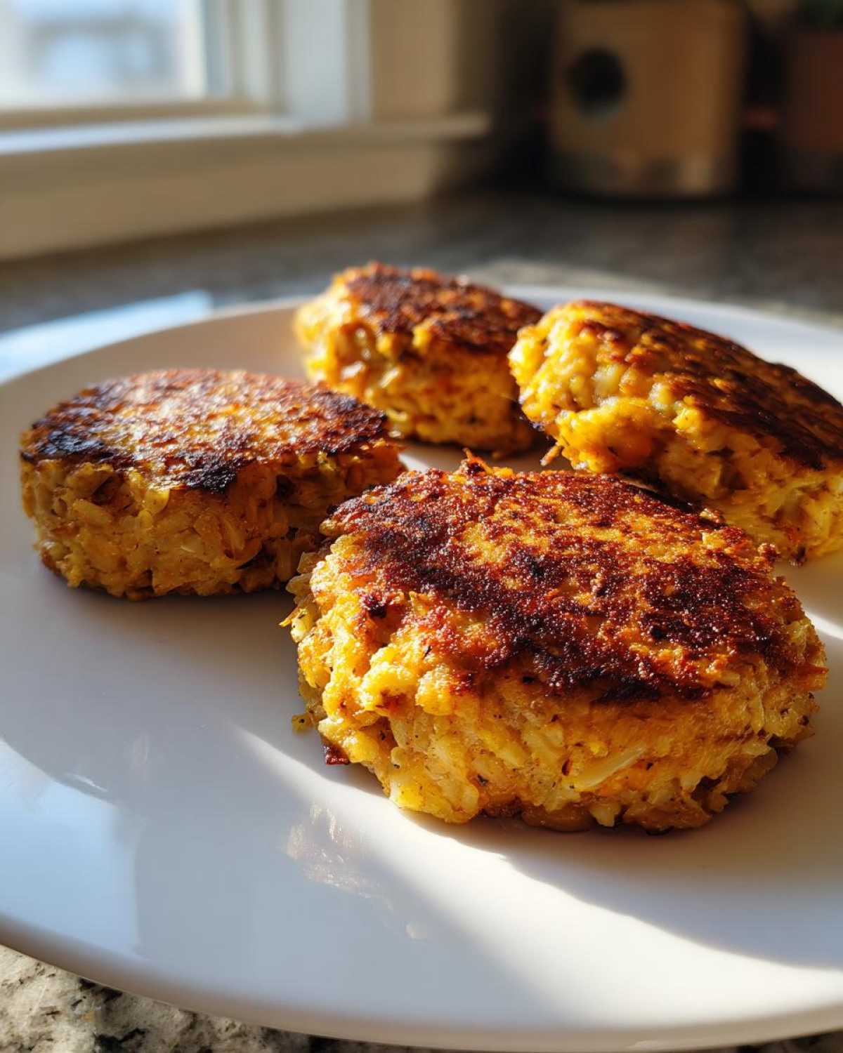 Four golden-brown Oven-Baked Cabbage Burgers resting on a white plate, illuminated by sunlight.