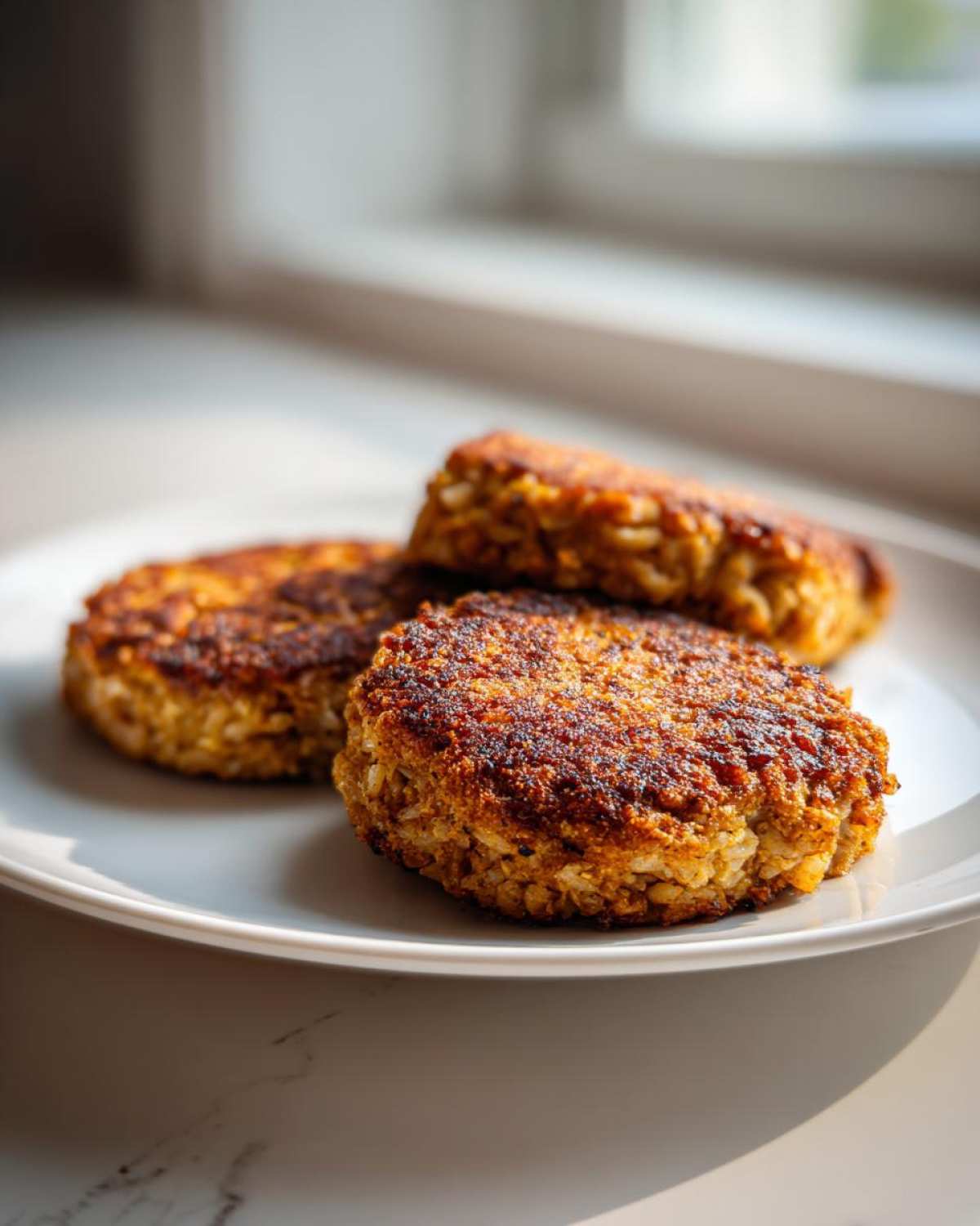 Three perfectly browned Oven-Baked Cabbage Burgers stacked slightly on a white plate near a window.