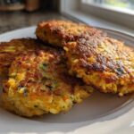 Close-up of three golden-brown Oven-Baked Cabbage Burgers stacked slightly on a white plate near a window.