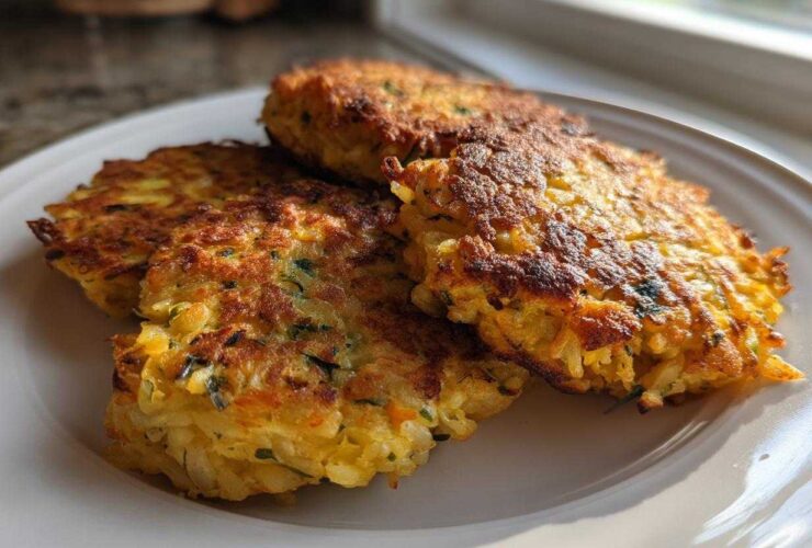 Close-up of three golden-brown Oven-Baked Cabbage Burgers stacked slightly on a white plate near a window.