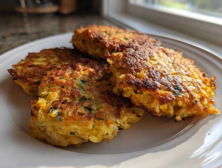 Close-up of three golden-brown Oven-Baked Cabbage Burgers stacked slightly on a white plate near a window.