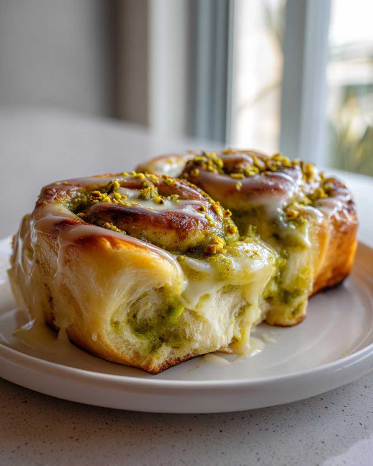 Two decadent Pistachio Cream Cinnamon Rolls covered in white glaze and chopped pistachios on a white plate.
