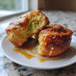 Two Pistachio Cream Cinnamon Rolls on a white plate, one cut open revealing bright green pistachio cream filling.
