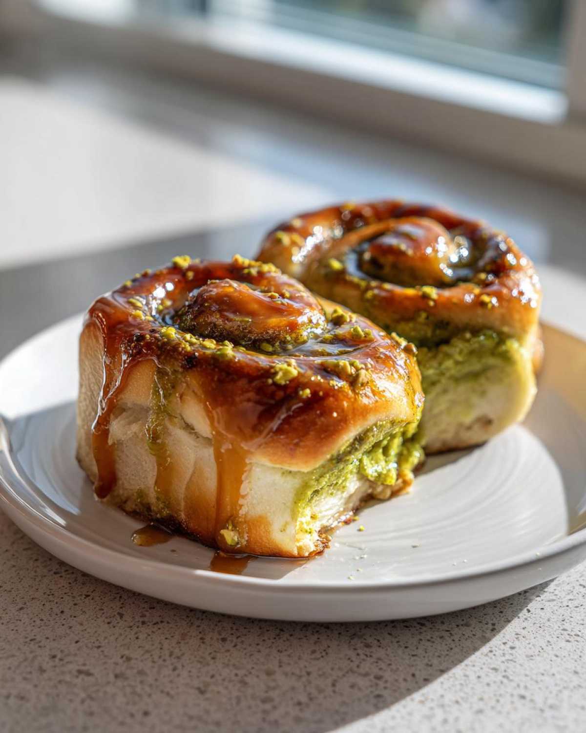 Two freshly baked Pistachio Cream Cinnamon Rolls drizzled with caramel glaze and topped with chopped pistachios on a white plate.