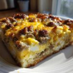 A close-up, sunlit slice of Quick Breakfast Casserole featuring eggs, cheese, and browned sausage on a white plate.