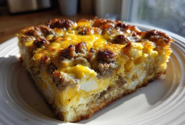 A close-up, sunlit slice of Quick Breakfast Casserole featuring eggs, cheese, and browned sausage on a white plate.