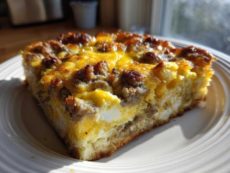 A close-up, sunlit slice of Quick Breakfast Casserole featuring eggs, cheese, and browned sausage on a white plate.