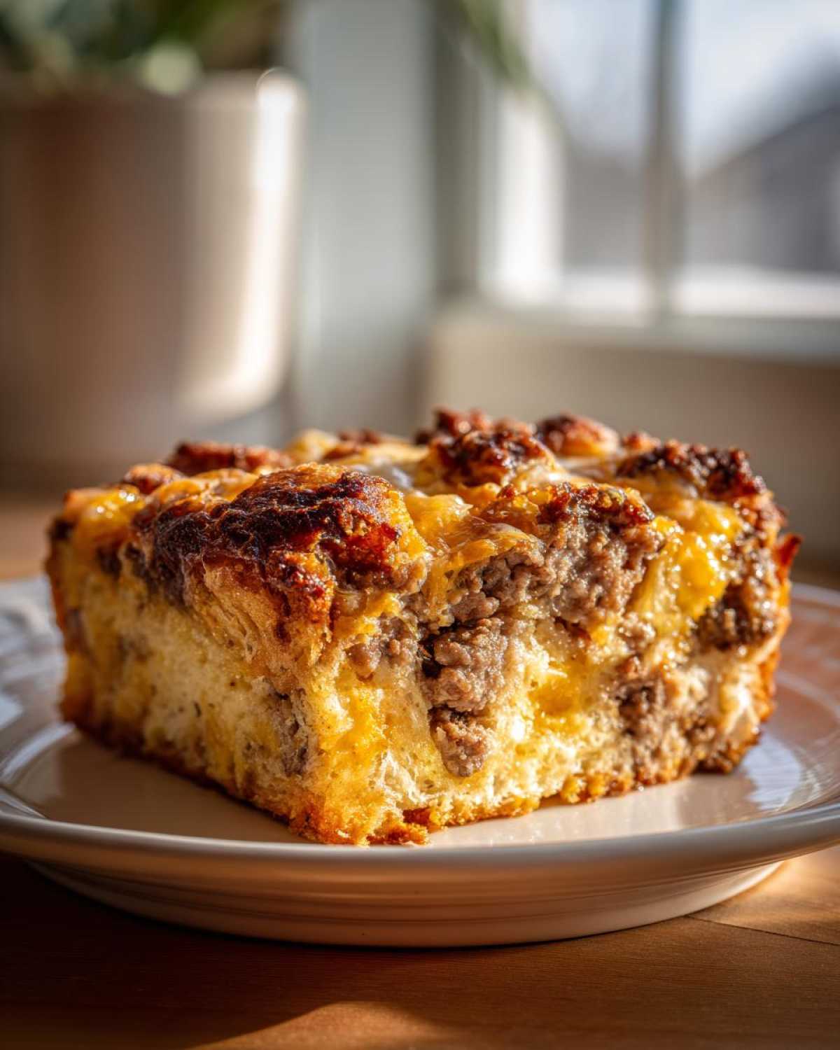 A square slice of Quick Breakfast Casserole featuring sausage, eggs, and melted cheese, served on a white plate.