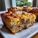 Close-up of a square slice of Quick Breakfast Casserole featuring a layer of sausage filling and a golden, cheesy top.