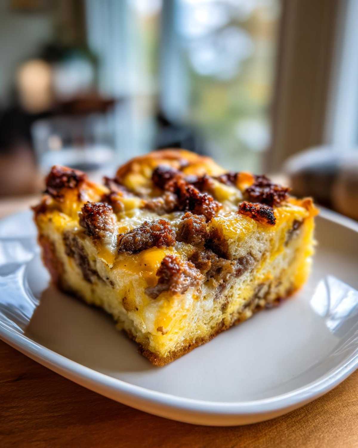 A close-up of a golden slice of Quick Breakfast Casserole topped with browned sausage crumbles and melted cheese.