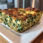 A thick, golden-brown slice of Quinoa Lentil Spinach Casserole featuring visible quinoa grains and dark green spinach.