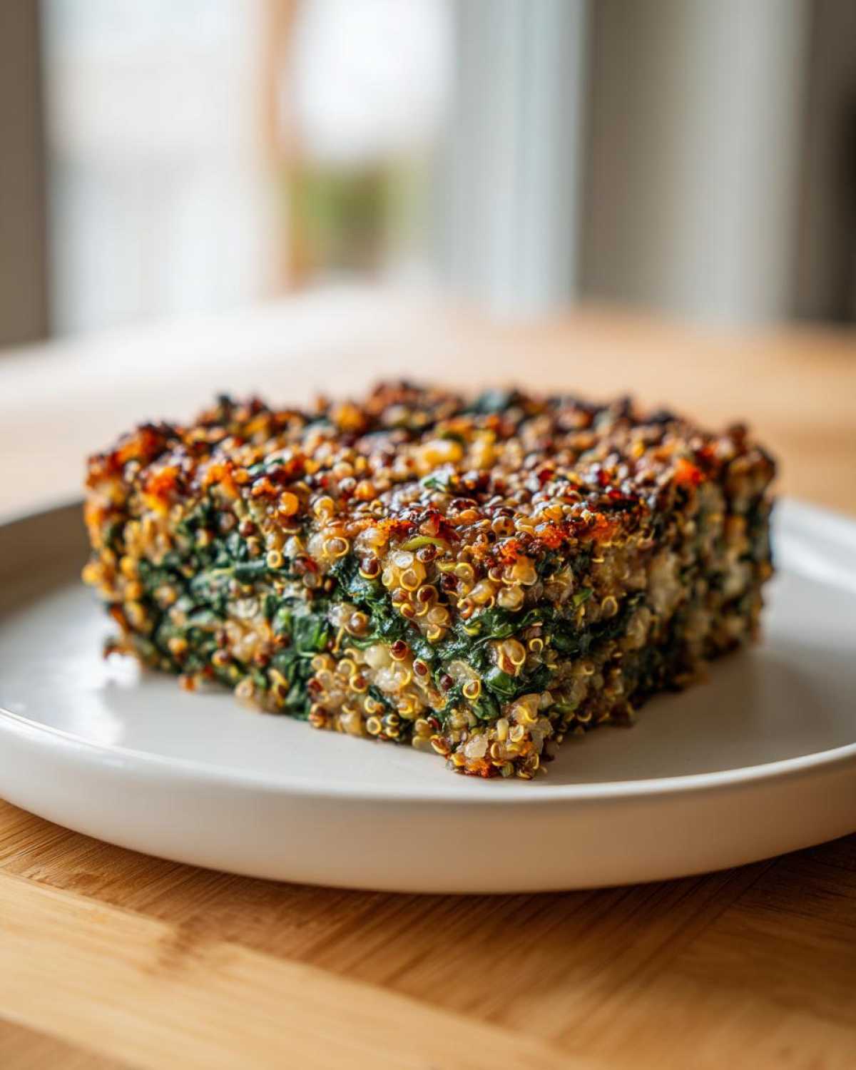 A square slice of Quinoa Lentil Spinach Casserole showing layers of green spinach and golden quinoa, served on a white plate.